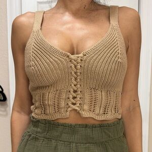 Tan Knit Lace-Up Crop Top